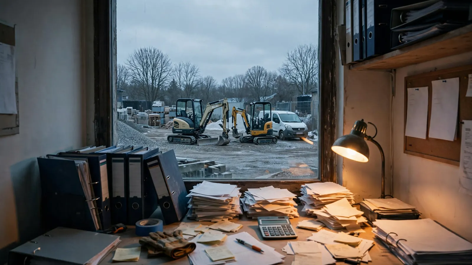 Bureau d'une entreprise de maçonnerie en fin de journée d'hiver, classeurs et bons de livraison sur le bureau, engins de chantier au dépôt