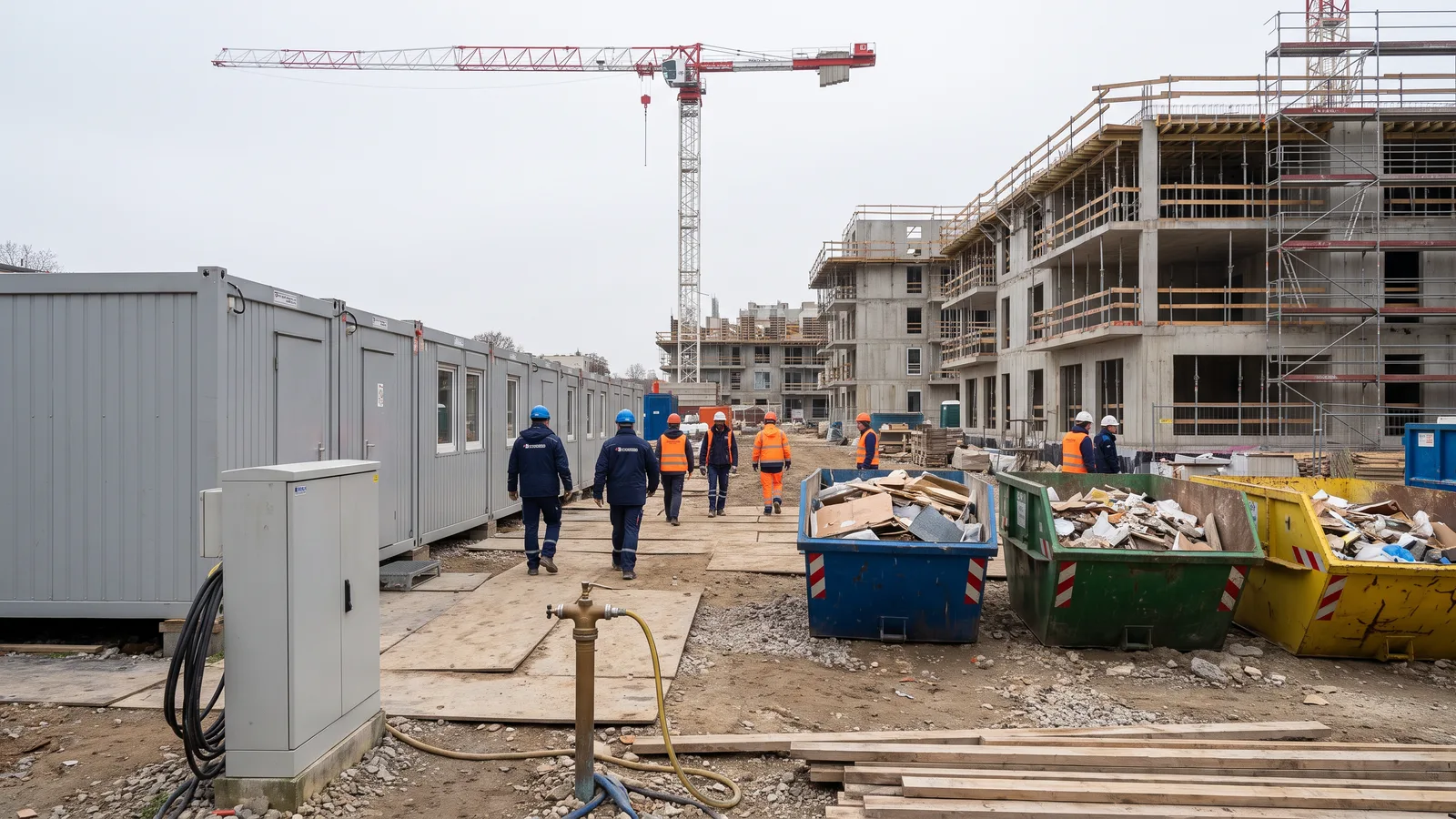 Bennes de tri des déchets partagées sur un chantier de construction multi-entreprises
