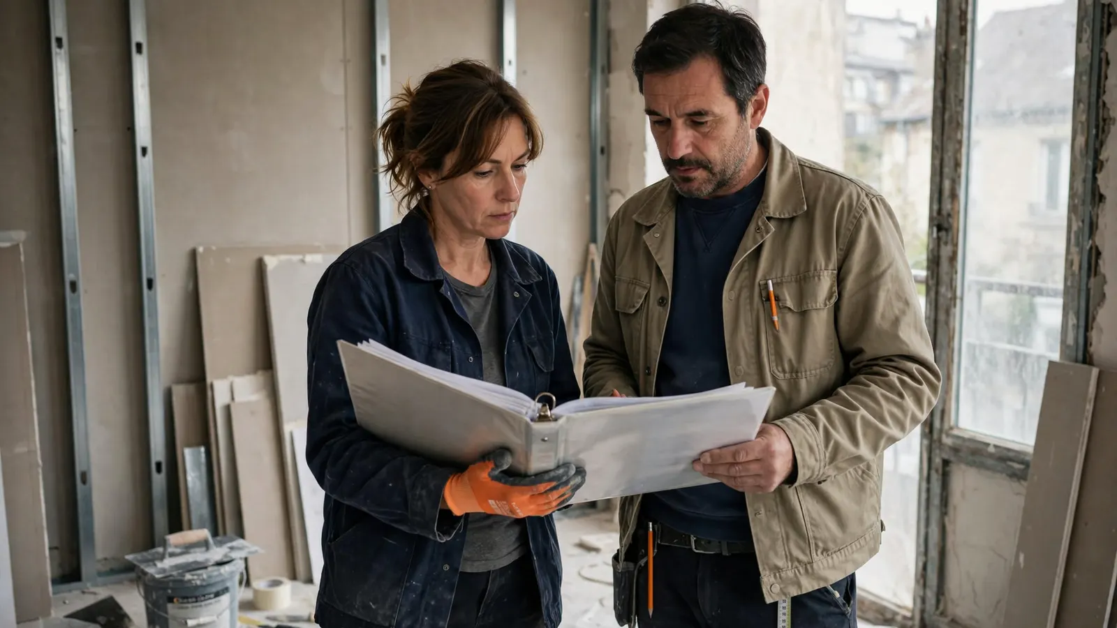 Cheffe d'entreprise de plâtrerie et maître d'œuvre faisant le point d'avancement avec un classeur sur un chantier de rénovation