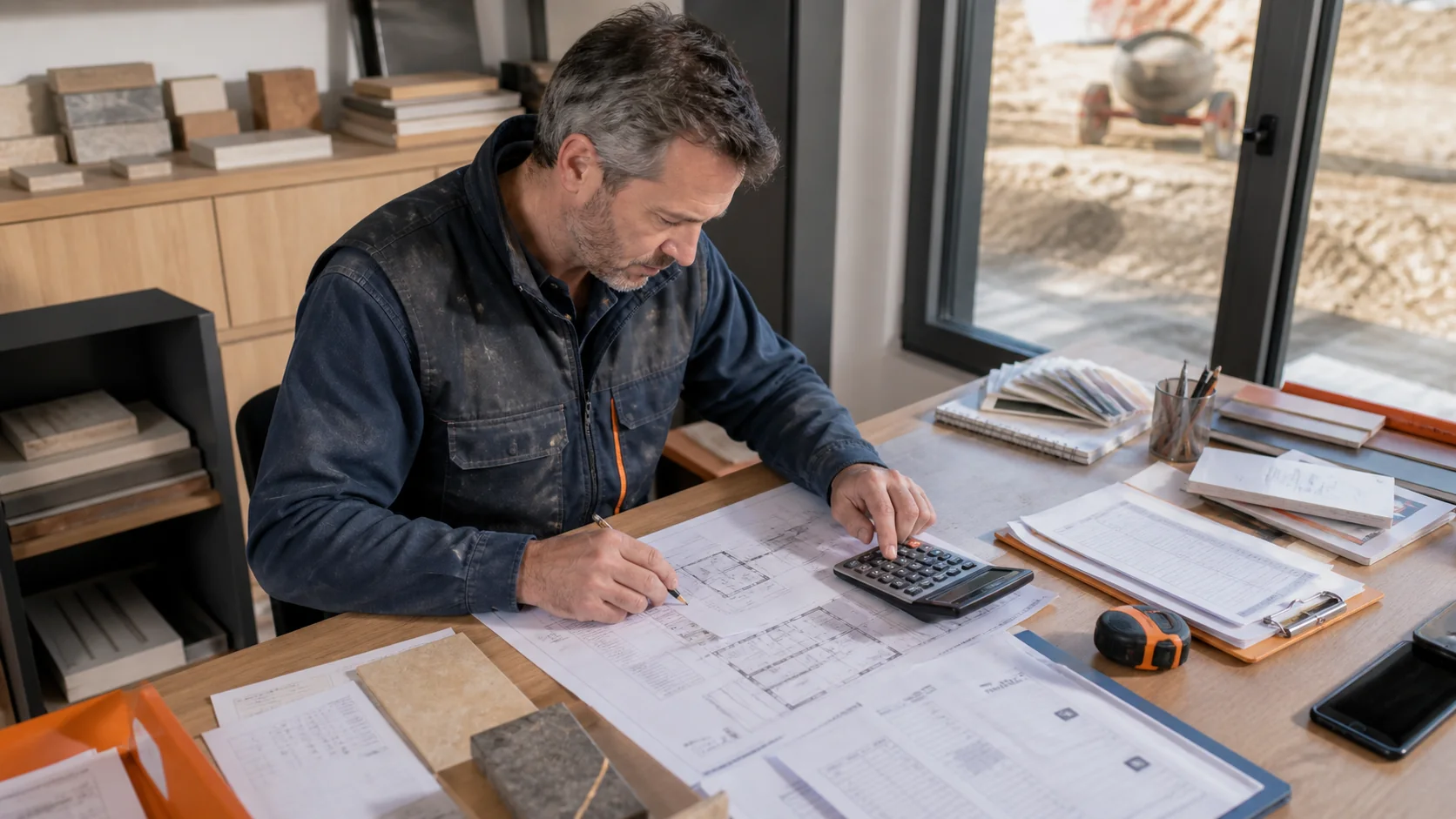 Artisan du bâtiment calculant les quantités d'un devis à partir de plans