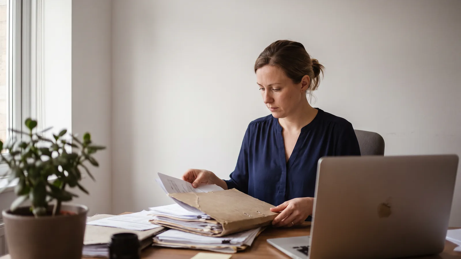 Assistante administrative vérifiant les justificatifs d'un sous-traitant avec le dirigeant d'une entreprise du bâtiment